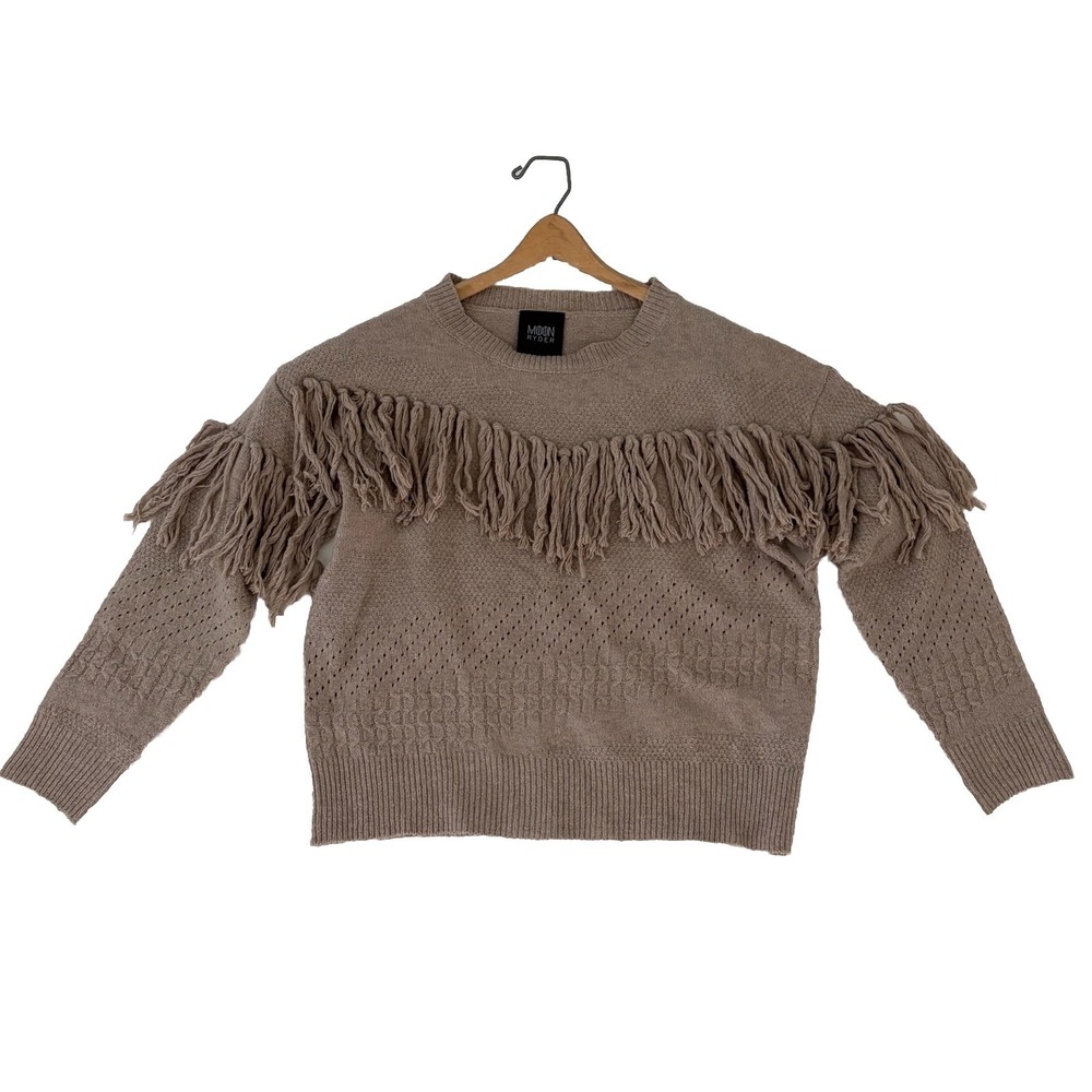 Knit Fringe Pullover Women Sweater S/M Beige Boho Festival Tassel Western Cowgir